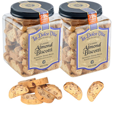 Nonni's La Dolce Vita Almond Biscotti - 2 Tubs - 34oz of Biscotti Italian Cookies - Italian Biscotti Cookies - Biscotti Jar - Biscotti Packed w/California Whole Almonds - Perfect w/Coffee - Kosher