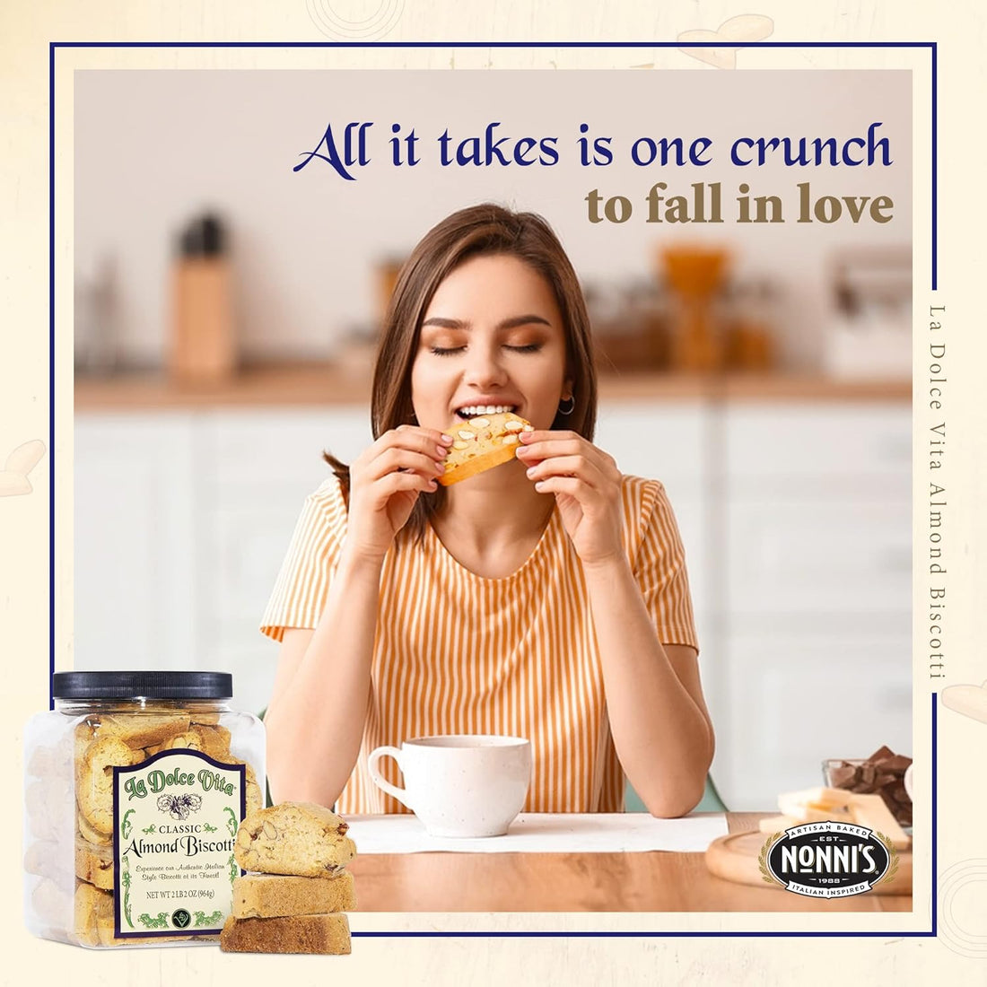 Nonni's La Dolce Vita Almond Biscotti - 2 Tubs - 34oz of Biscotti Italian Cookies - Italian Biscotti Cookies - Biscotti Jar - Biscotti Packed w/California Whole Almonds - Perfect w/Coffee - Kosher