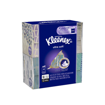 KLEENEX Ultra Soft Facial Tissue, 3-Ply, White, 8.2 inch x 8.4 inch, 75/Box, 4 Box/Pack - Packaging May Vary (Assorted color and style boxes),Pack of 4,